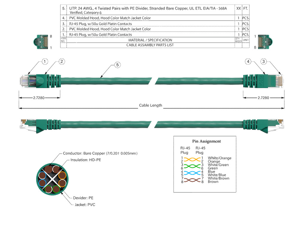 35ft Cat6 UTP Ethernet Network Patch Cable Snagless 24AWG Bare Copper, Green