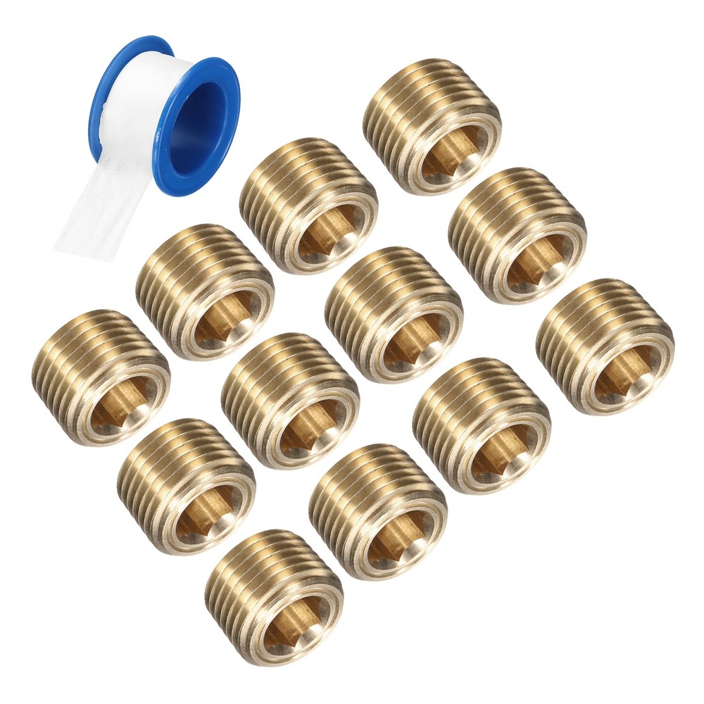 12Pcs 1/8 NPT Brass Pipe Plug Fitting, Male Thread Internal Hex Socket Pipe Cap