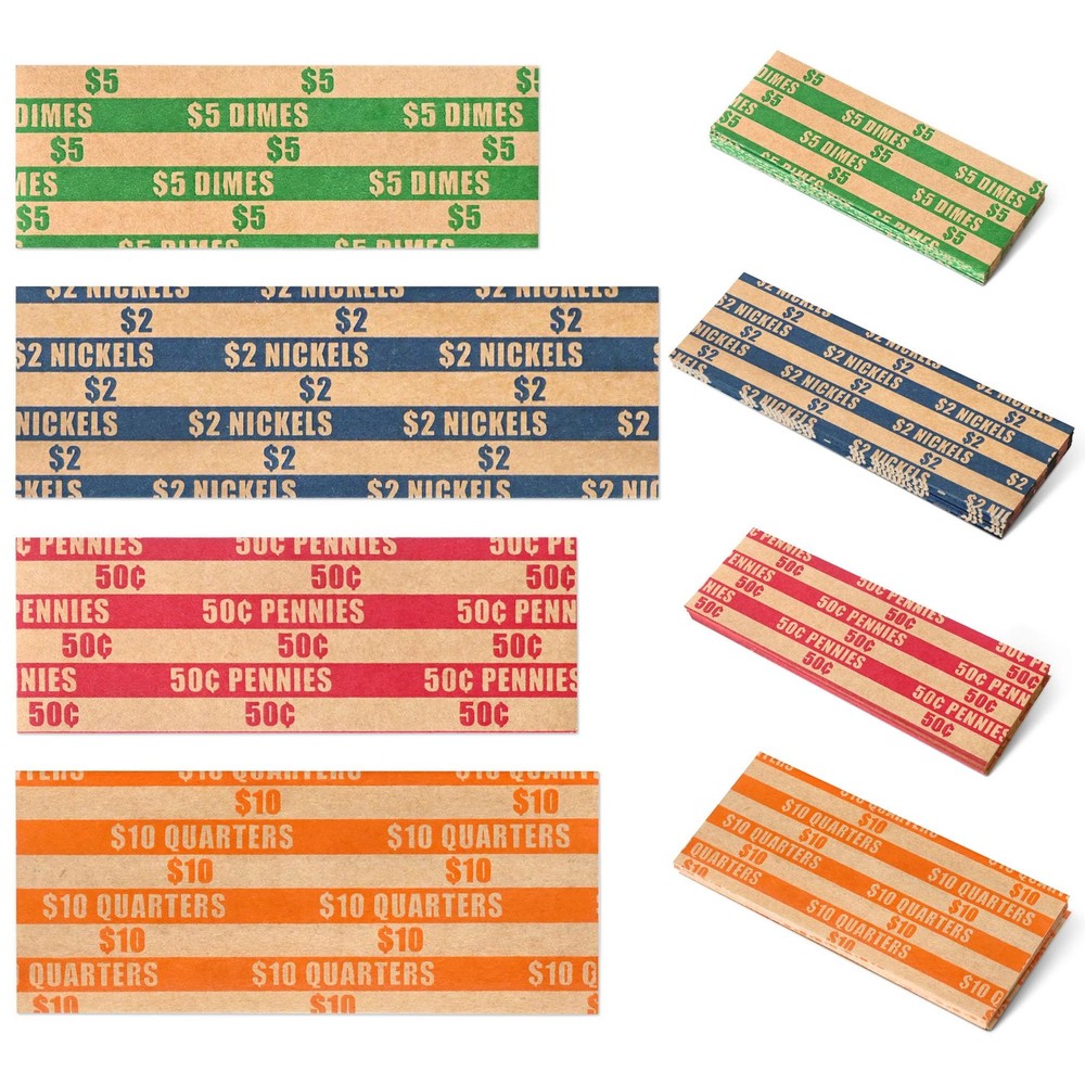 ESSENTIAL 100 pcs Assorted Packed Flat Stripped Coin Wrappers, 100-Assorted