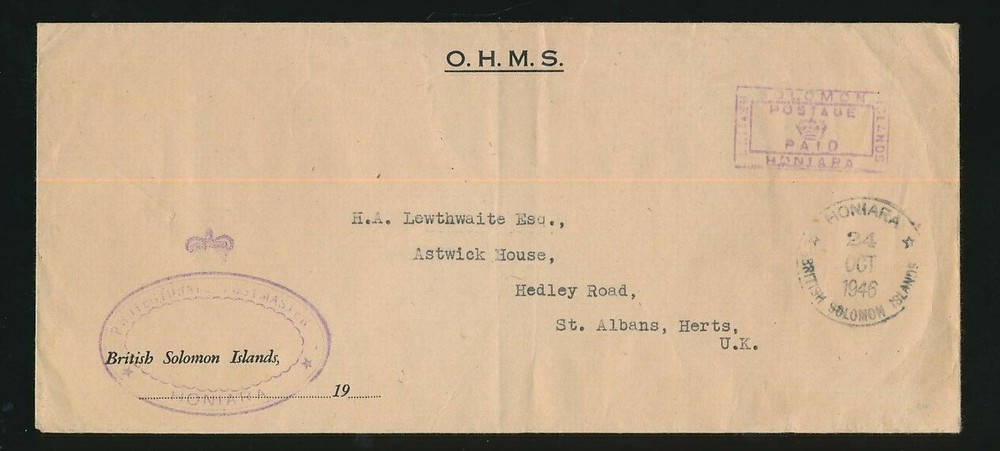 BRITISH SOLOMON Is OFFICIAL PAID RECTANGULAR + PROTECTORATE POSTMASTER OVAL 1946