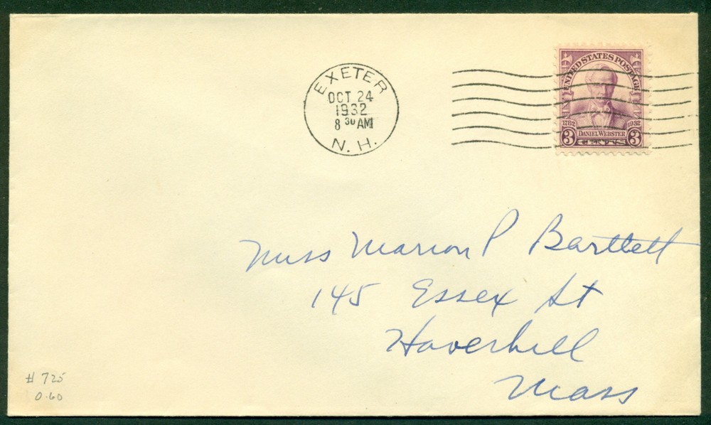 SCOTT # 725 FDC, NO CACHET, SCRIPT ADDRESS, EXETER, NH, GREAT PRICE!