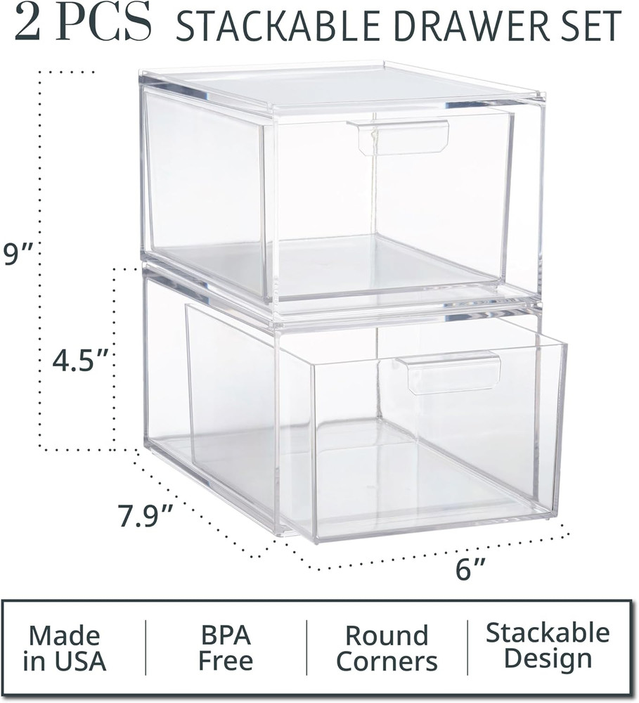 Audrey Stackable Clear Bin Plastic Organizer Drawers | 2 Piece Set | Organize Co
