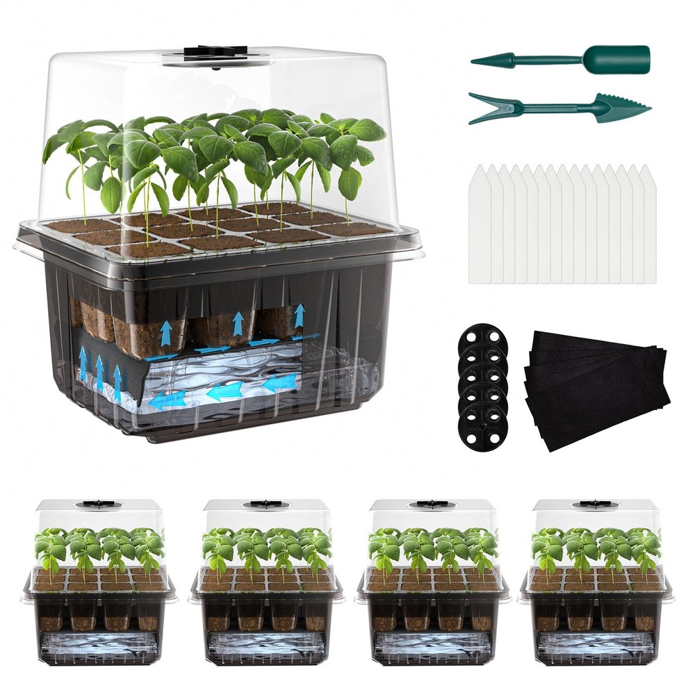Seed Starter Trays Self-Watering - Kit with Humidity Dome, 5-Pack 60-Cell Pla...