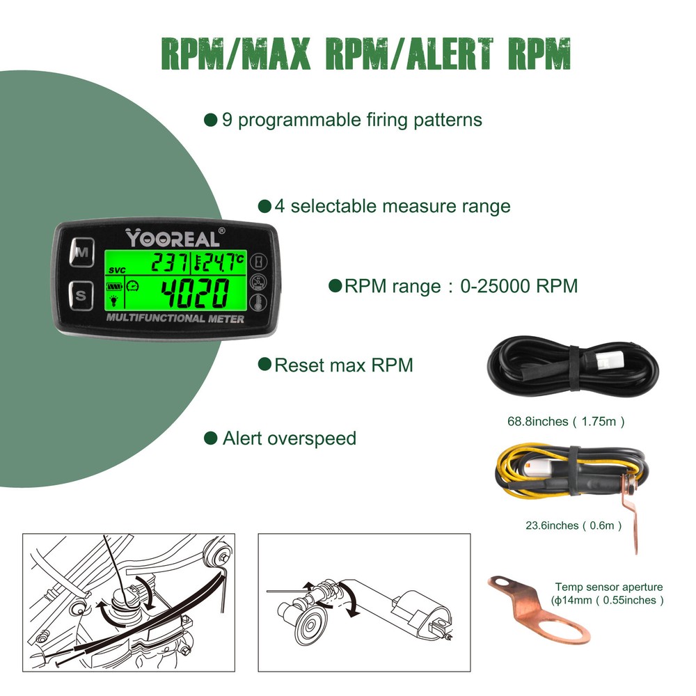 Digital Tachometer Hour Meter Engine Temperature Gauge For Chainsaws Tractor etc