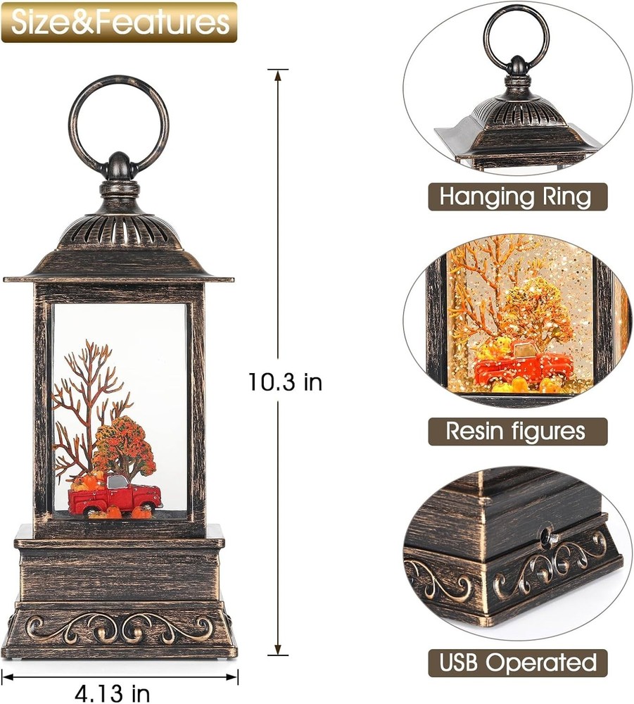Charming Fall Snow Globe with Red Truck Lantern - 6H Timer & USB Powered