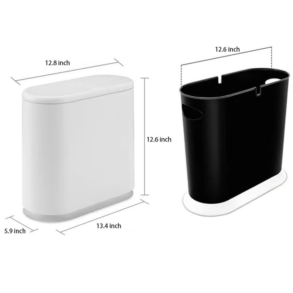 White Slim Rectangular Plastic Trash Can with Press Type Lid,12 Liter / 3.2 G...