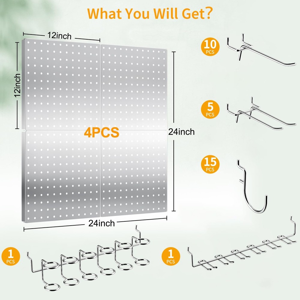 FZK Peg Board, 4 Pack Metal Pegboard Kit,Silver 36PCS-Silver Kit