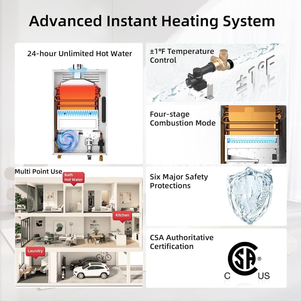 MIZUDO 7.5 GPM Natural Gas Tankless Water Heater Instant Hot Water 170,000 BTU