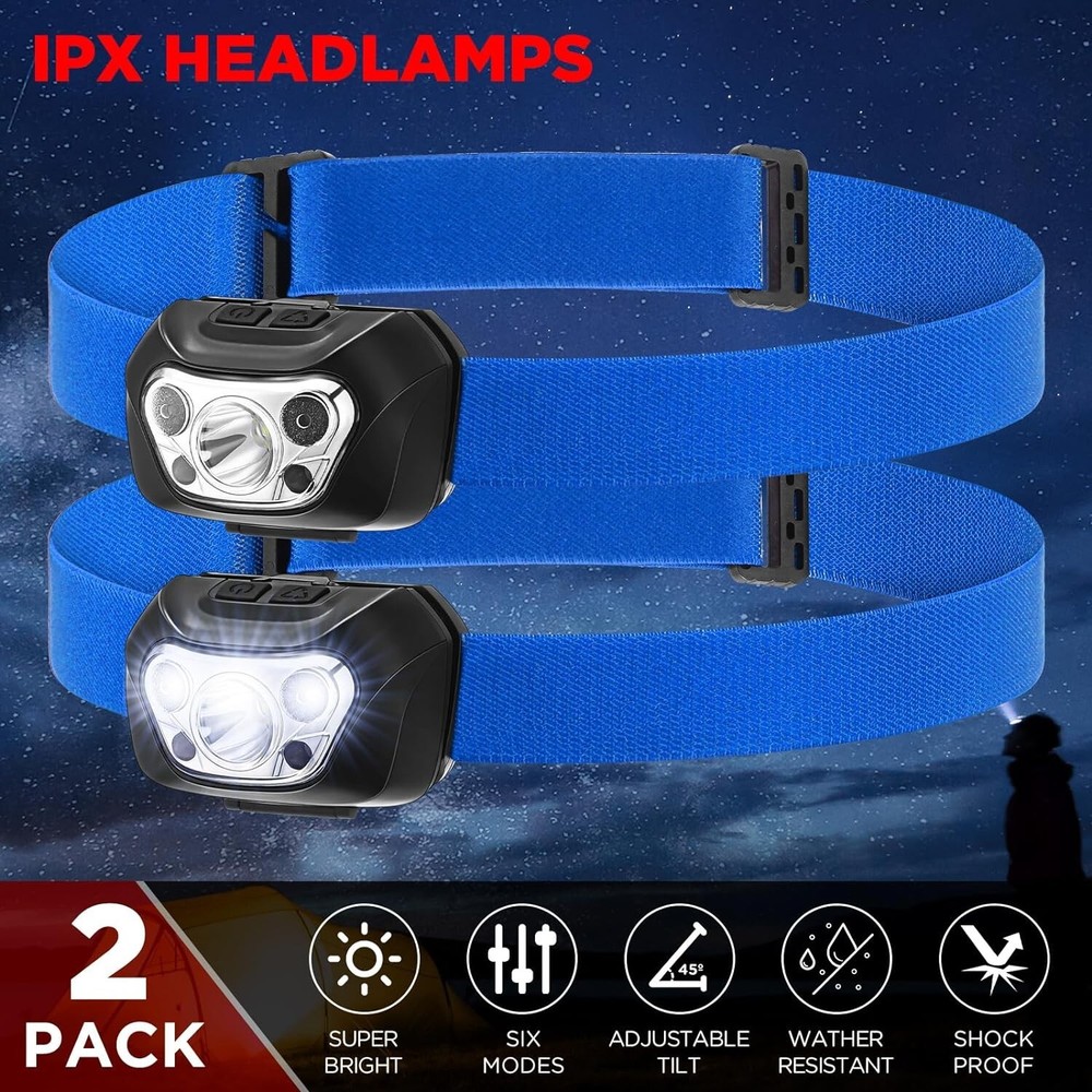 LED Headlamps (2-Pack), Bright and Durable Head Lights for Running, Camping,