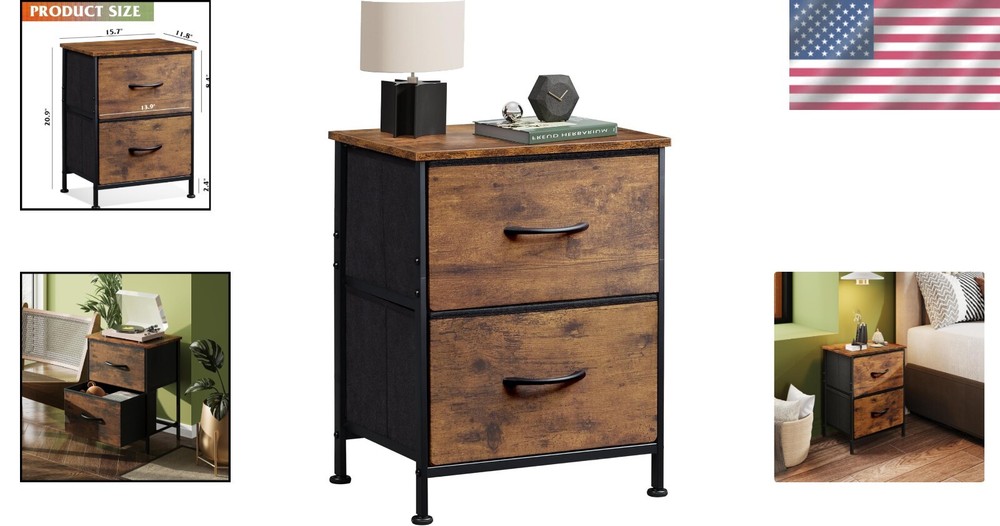 Rustic 2 Drawer Nightstand with Fabric Bins - Multi-Purpose Room Organizer