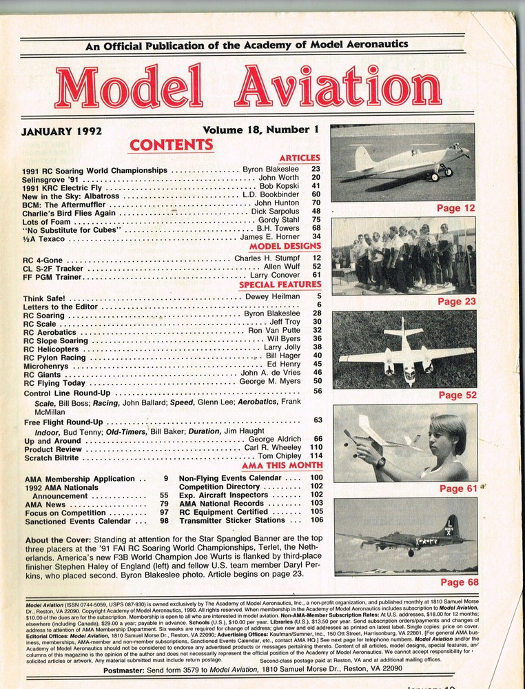 MODEL AVIATION Magazine January 1992 S2F Tracker CL Scale