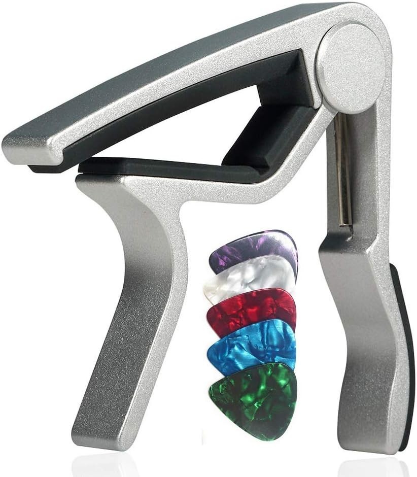 Quick-Change Silver Guitar Capo for 6-String Instruments, Includes 5 Free Picks