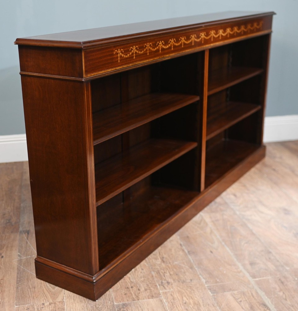 Wide Regency Open Bookcase - Mahogany Inlay Library Study
