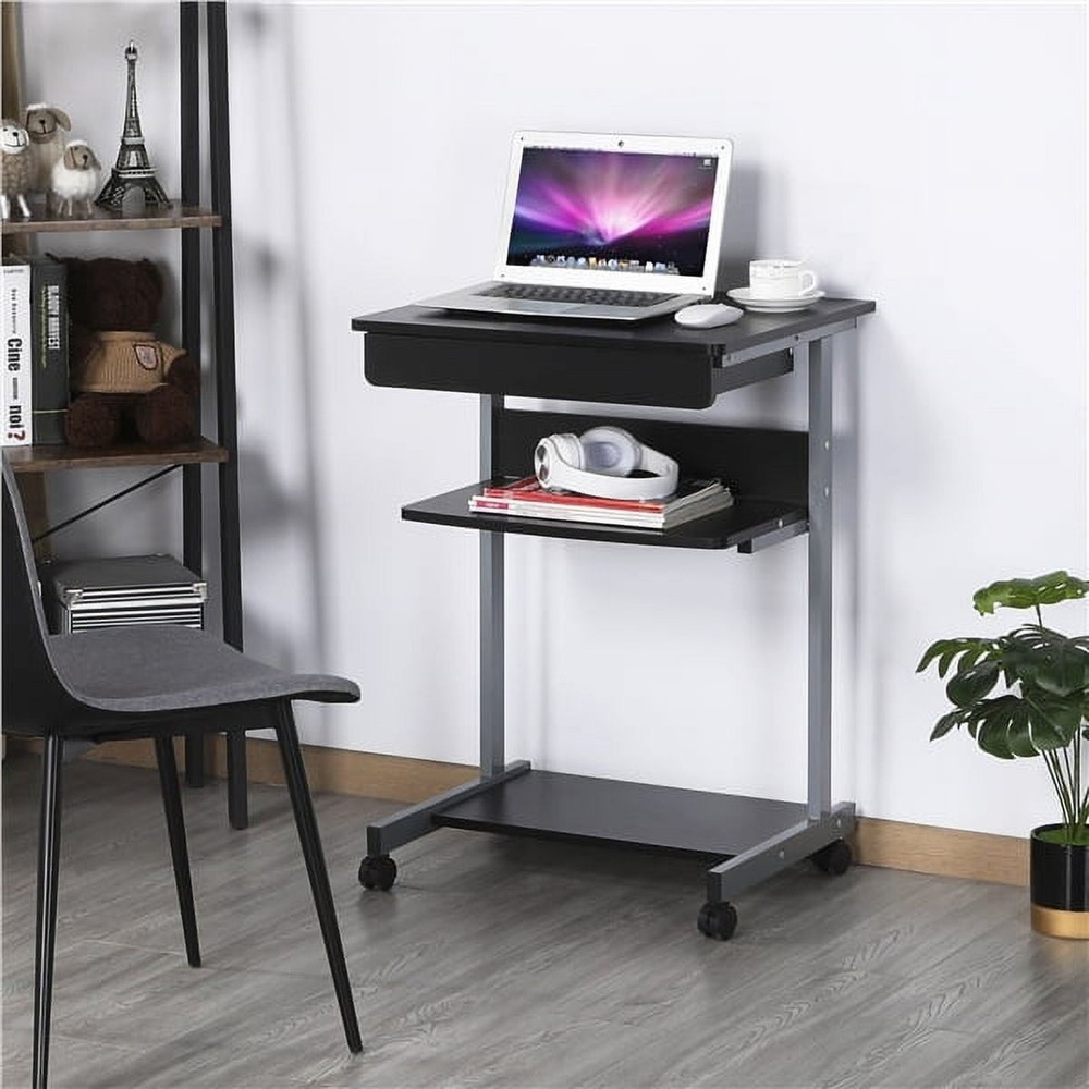 Rolling Computer Desk W 2 Storage Shelves & Drawer Black Mobile Workstation