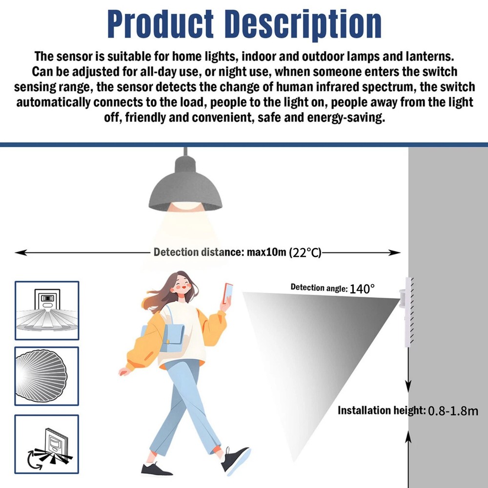 AC100-240V Motion Sensor Switch Durable Construction for Indoor Lamp Control