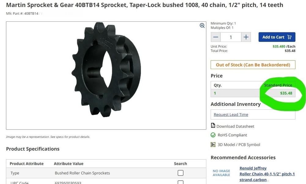 40BTB14 1008 Martin Roller Chain Sprocket