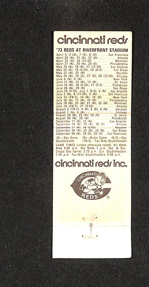 1973 CINCINNATI REDS SCHEDULE MATCHBOOK