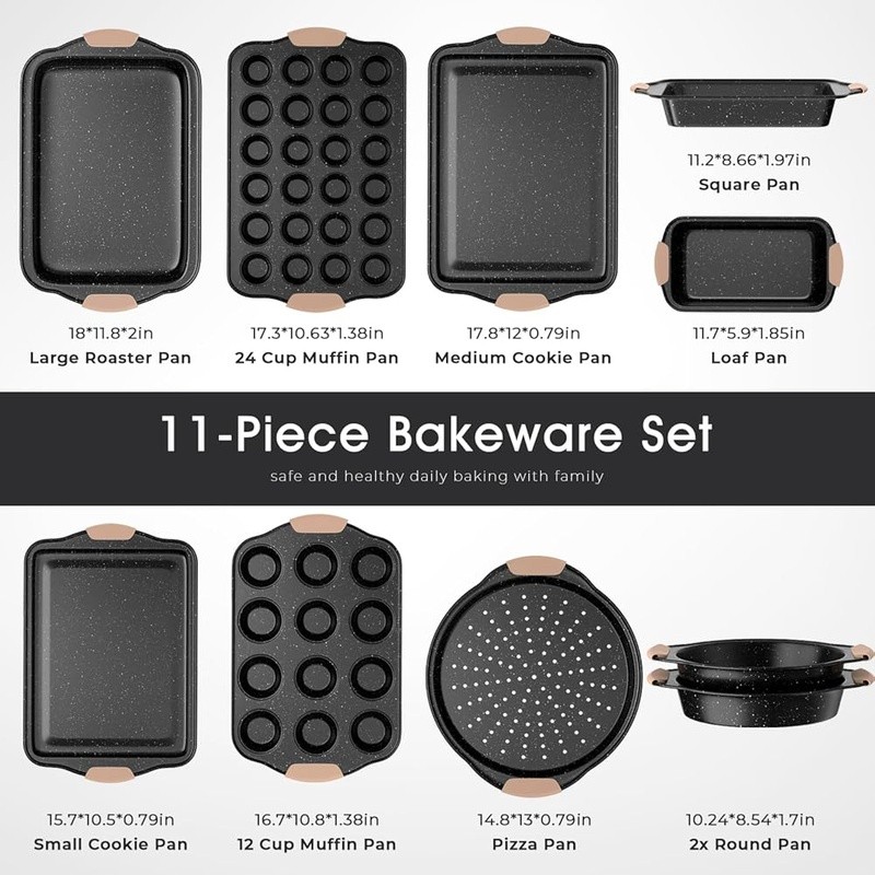 11 Piece Nonstick Baking Set Stackable Bakeware Cookie Sheet Muffin Pan New