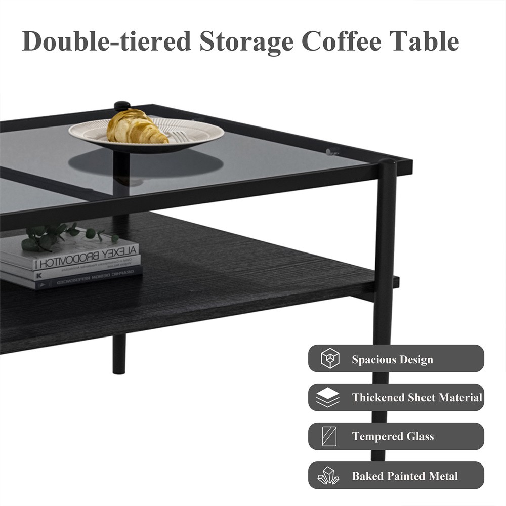 Gray Bilayer Tempered Glass Rectangular Have Storage Shelf Function Coffee Table