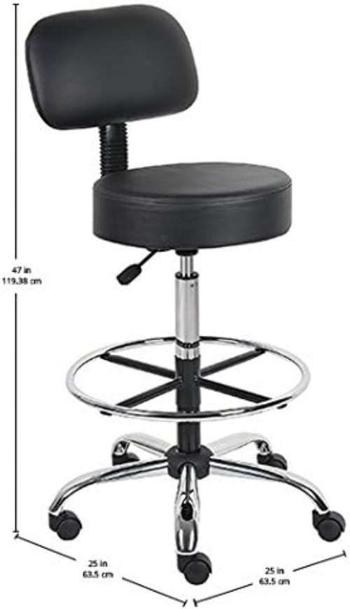 Durable Black Vinyl Drafting Stool with Adjustable Height & Plush Back Support
