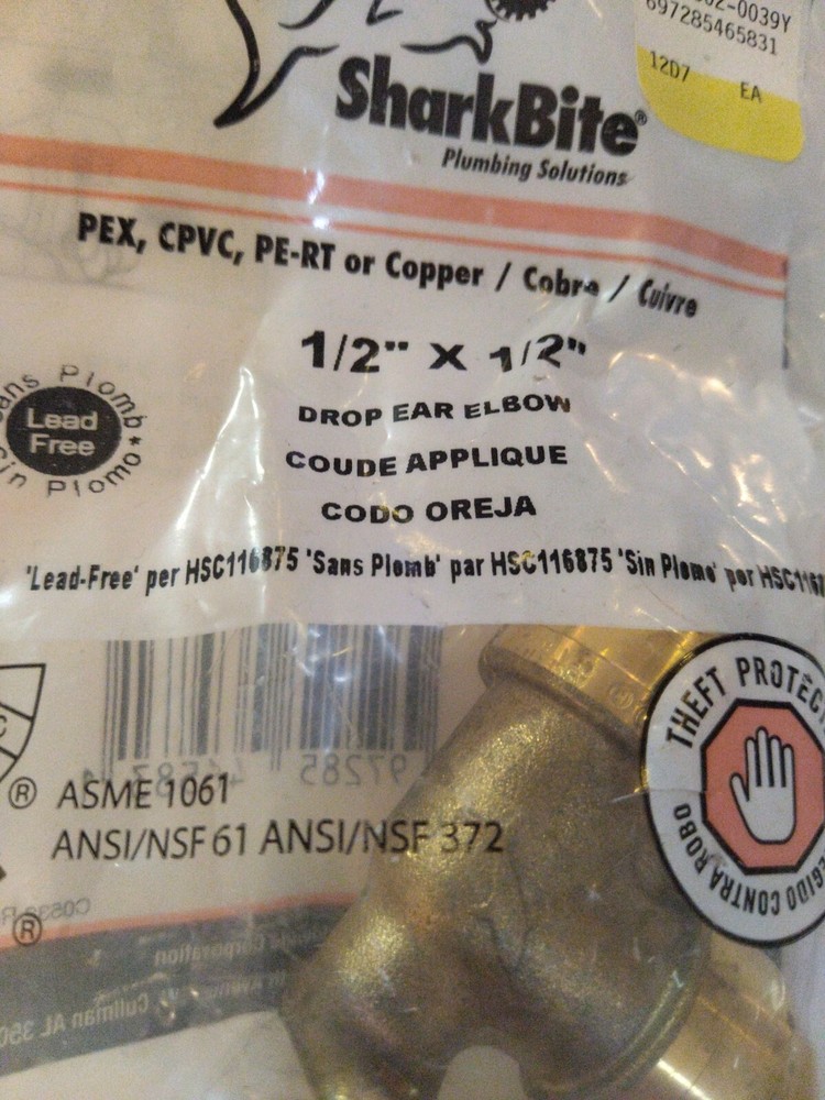 Sharkbite 1/2'' Push T X 1/2'' D Push Brass Drop Ear Elbow