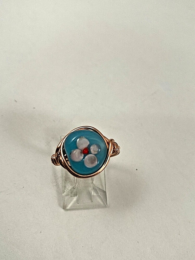 Handmade ~ Copper Wire Wrap ~ Glass Bead Ring Size 7 #69