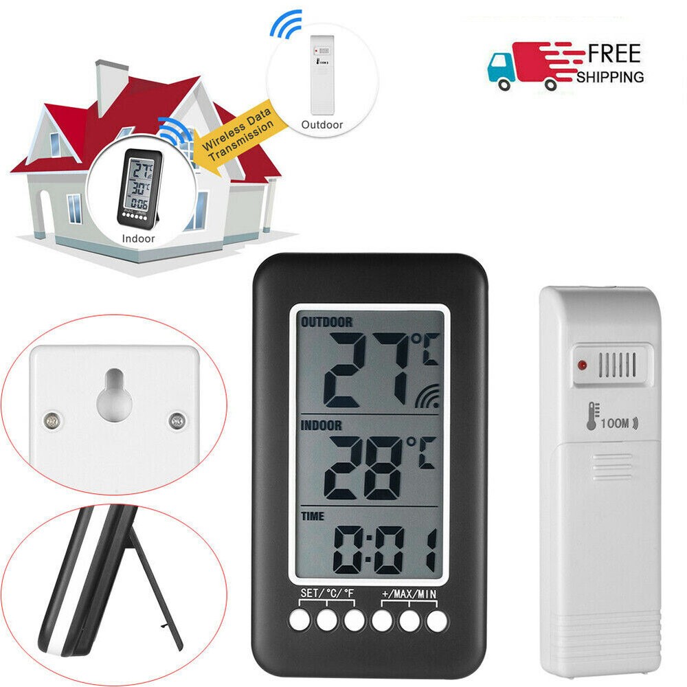 Digital Thermometer Clock Temperature Wireless Transmitter Meter Indoor/Outdoor