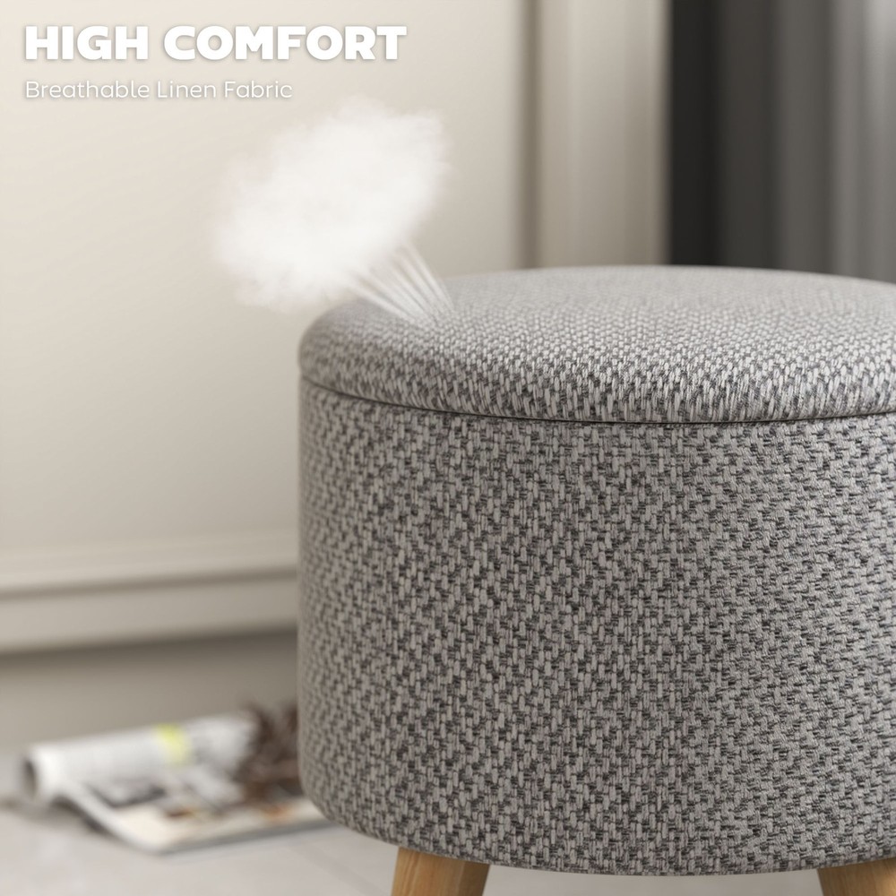 Storage Ottoman, Round Stool Chair with Cushioned Top, Light Gray
