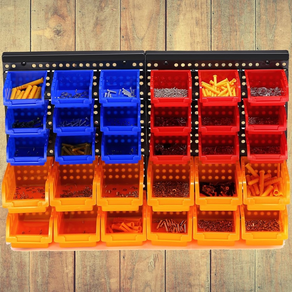 30-Bin Wall Mounted Storage Bins Kit, Tool Organizer Rack, Garage Hardware Or...