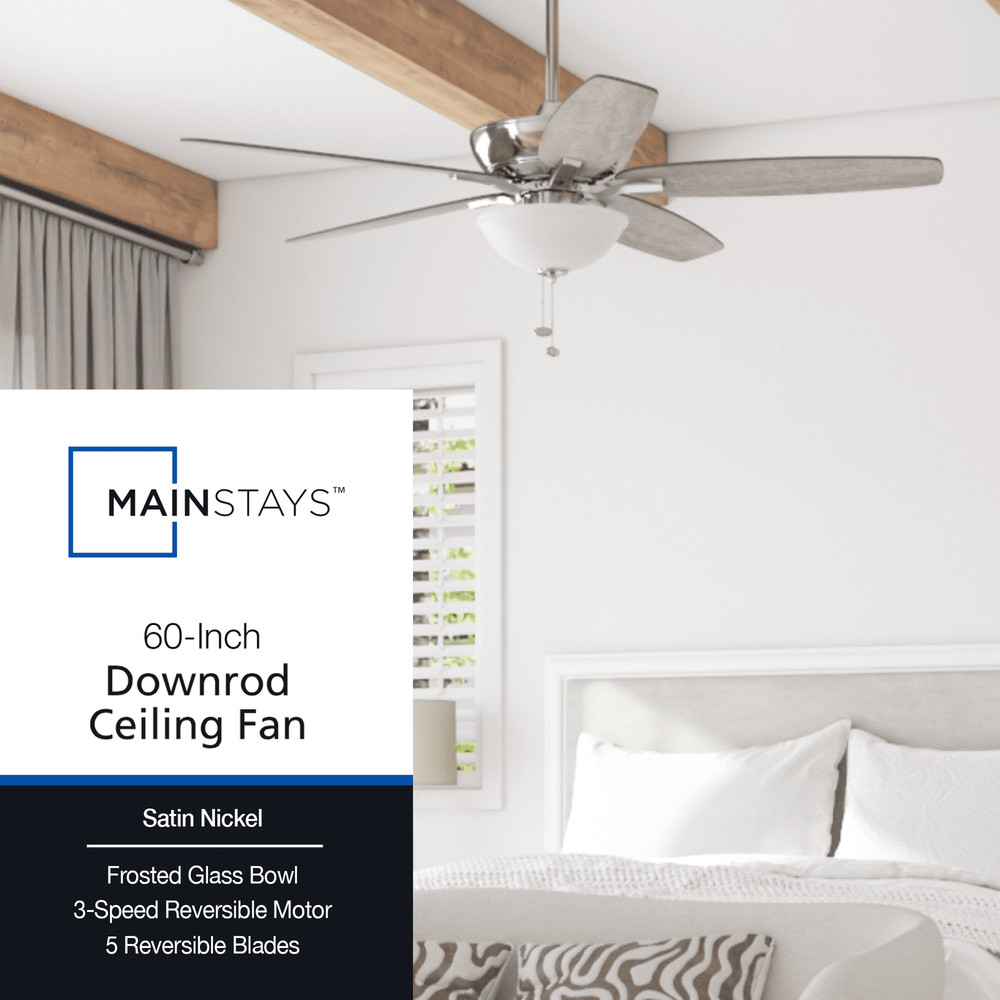 60" Black Ceiling Fan with Light, 5 Blades, Reverse Airflow, Pull Chain Control