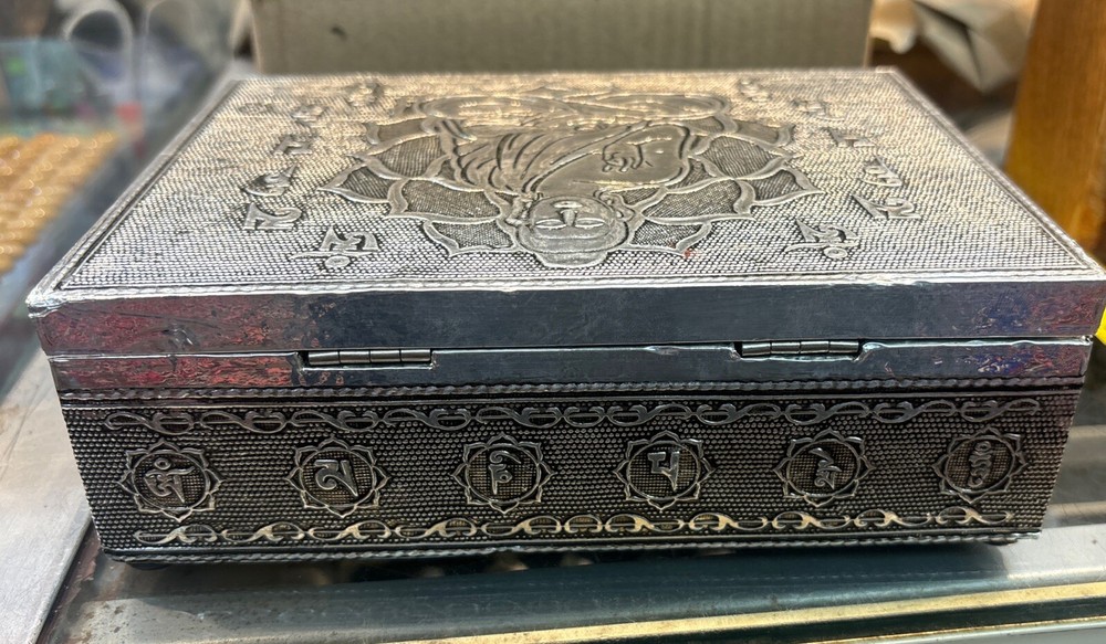 Silver colored Lined tarot card box with Buddha On It