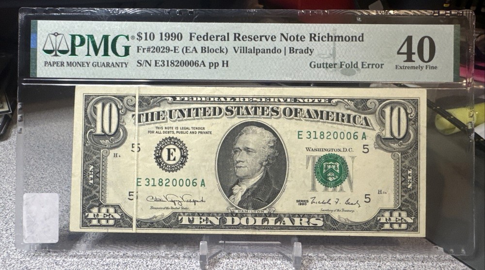 1990  $10   FRN ( RICHMOND “E”) ERROR   ♚♚LARGE GUTTER FOLD♚♚ PMG 40