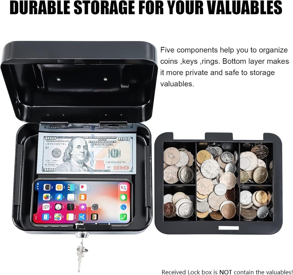 Multi-functional Medium Cash Box: Portable Secure Storage Solution, 7.87”x6.3”