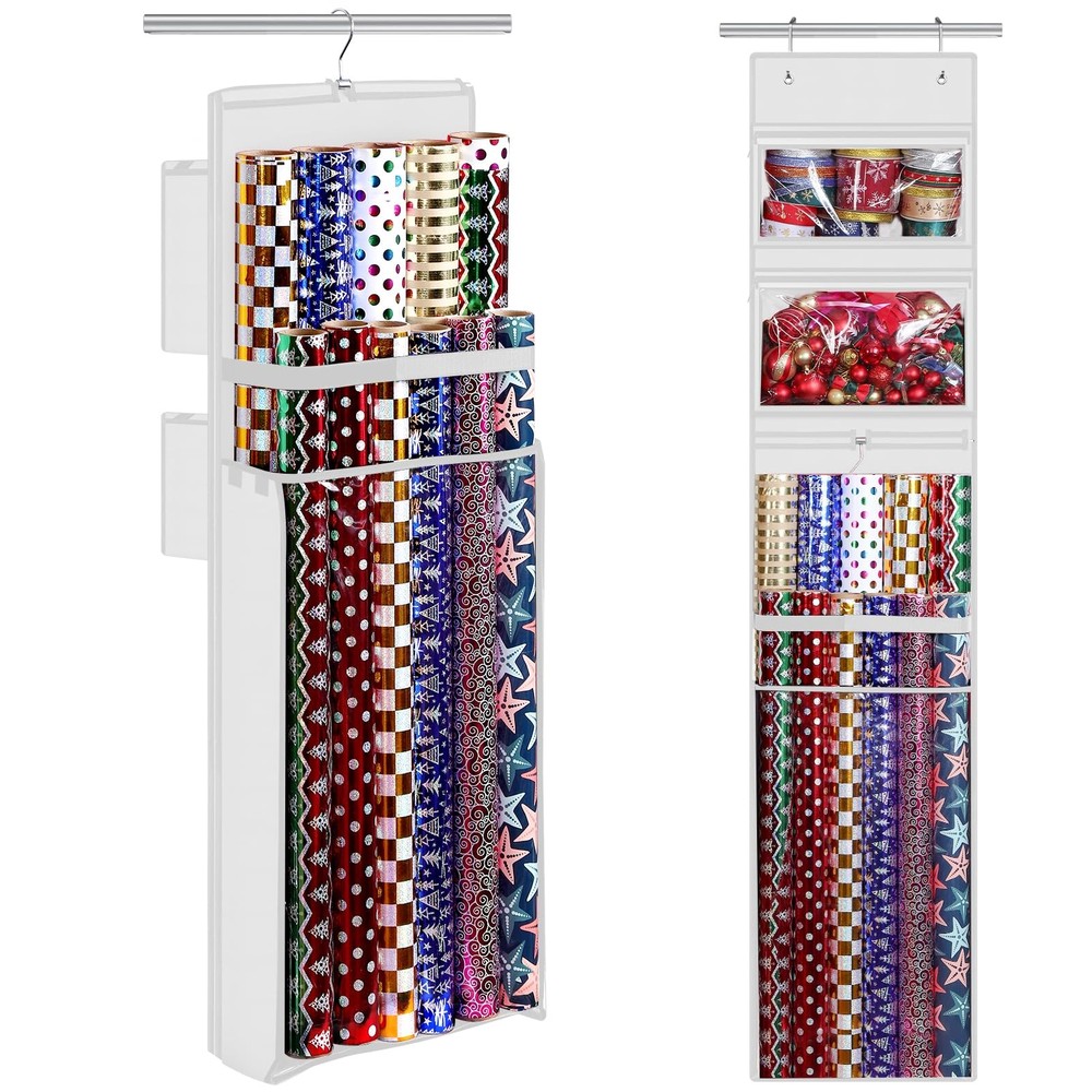Wrapping Organizer Storage, Double-Sided Hanging Gift Wrap Roll Holder for Ch...