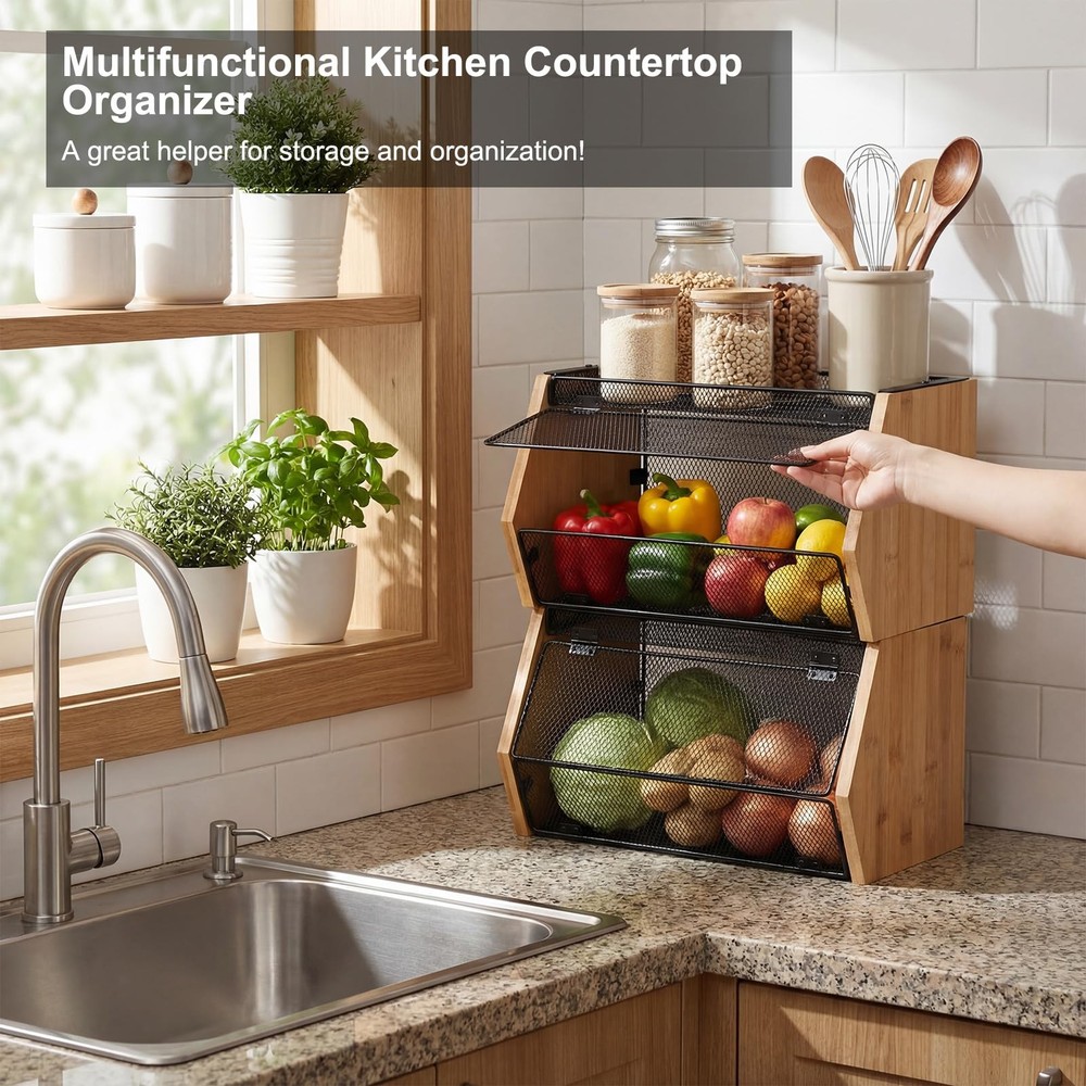 2PCS Stackable Mesh Fruit Basket Wall Mounted Storage Bin for Kitchen Bathroom