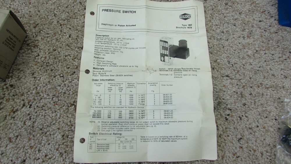 Herion 0880220 Pressure Switch NIB