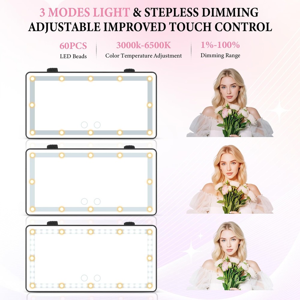 Rechargeable Car Sun Visor Mirror with 60 LEDs & Dimmable Touch Control