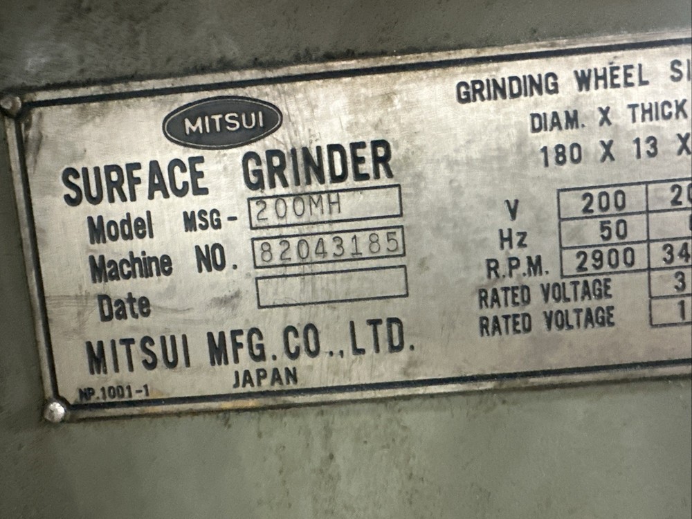 Mitsui Precision Toolroom 612 Surface Grinder Model MSG:200MH Machine# 82043185