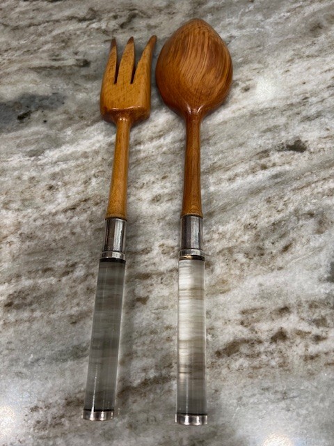 MCM Teak Salad Serving Fork and Spoon With Lucite Handles