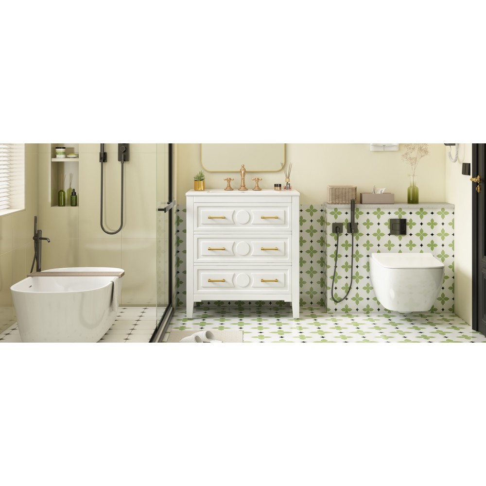 30'' Bathroom Vanity w/Ceramic Sink Combo 3 Drawers, Solid Wood Storage, White