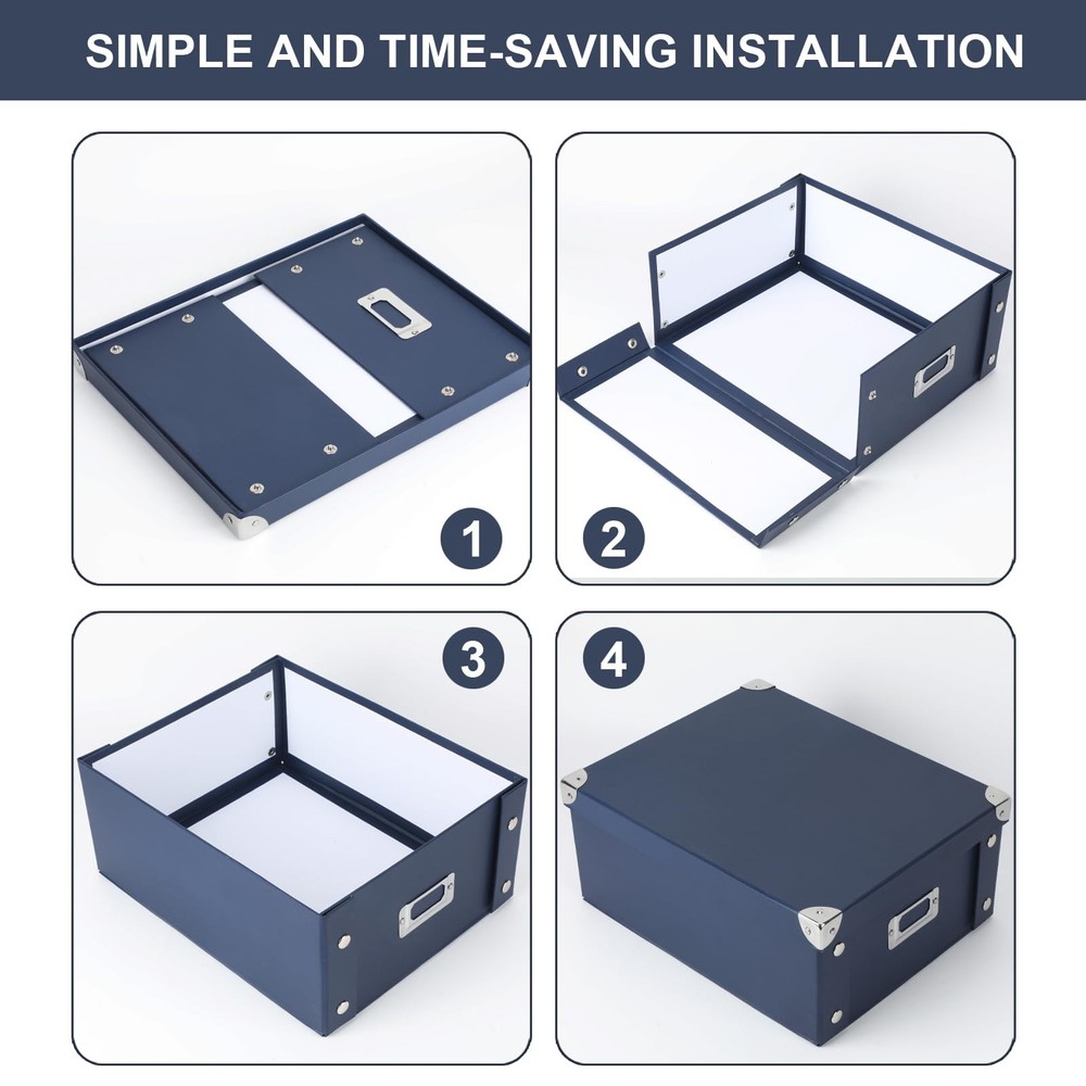 2 Pcs 12"x10"x5" Navy Blue Foldable Document Storage Box Lid File Organizer