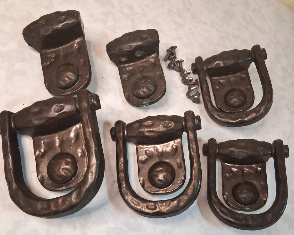 6 Vintage hammered Hardware Brass Drawer Pull Stirrup Handle Arts & Crafts T6
