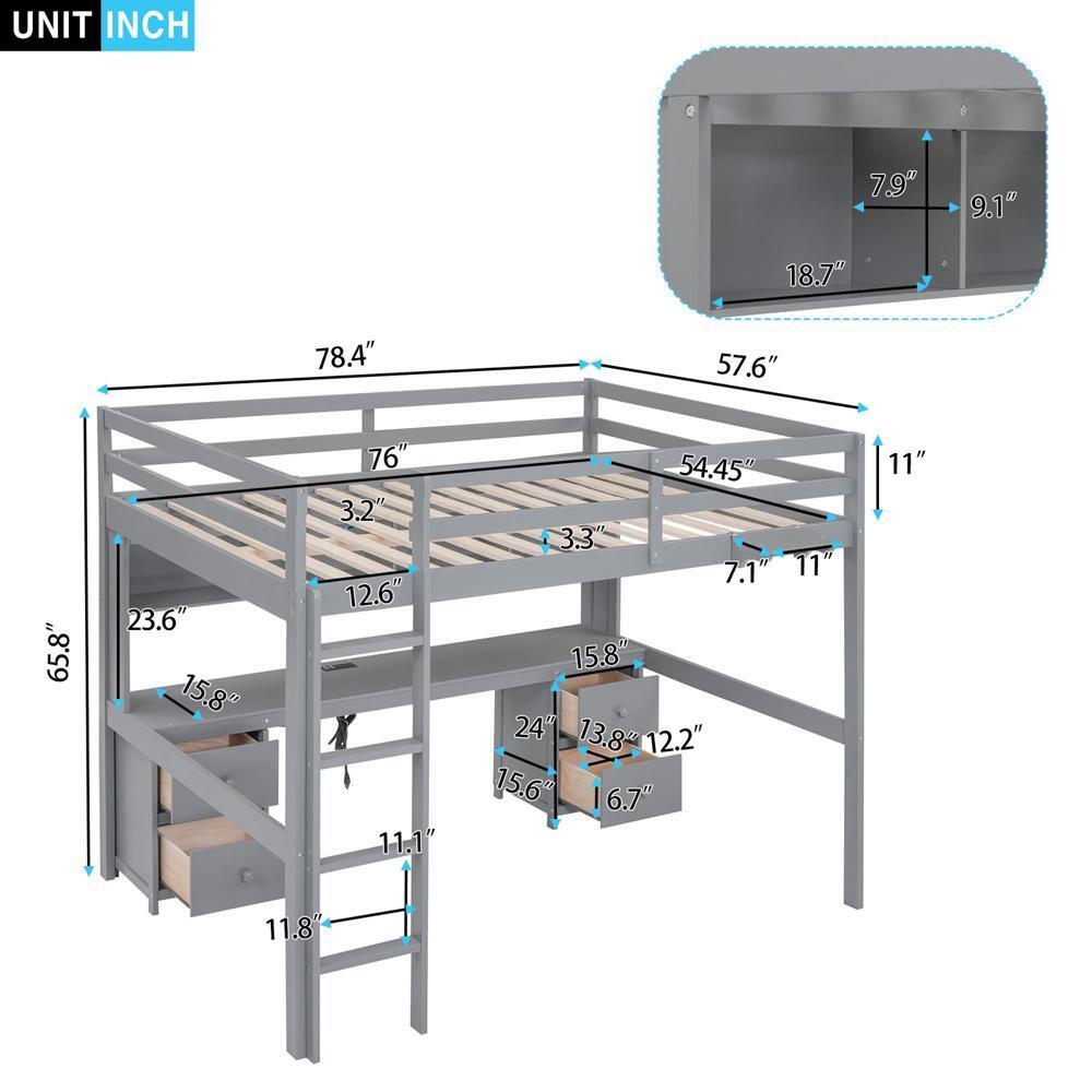 New Practical Modern Full Size Loft Bed with Desk Cabinets Bedside Tray Charging