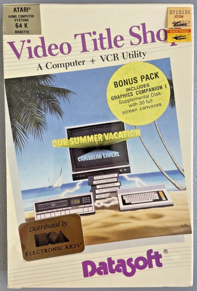 Atari 64K - Video Title Shop Computer VCR Utility Datasoft 1987 Big Box NOS