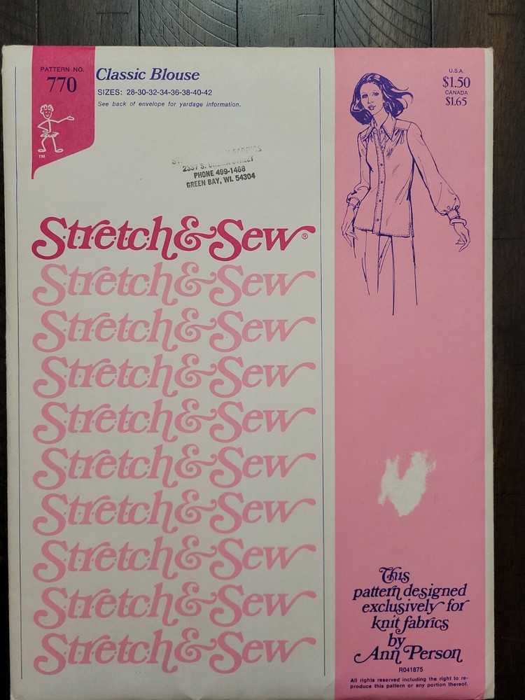Vintage Stretch & Sew Classic Blouse Pattern #770 Sizes 28-42 UNCUT