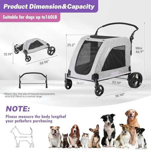 XL Extra Large Dog Stroller - Adjustable Handles,Lightweight Folding Pet Gray