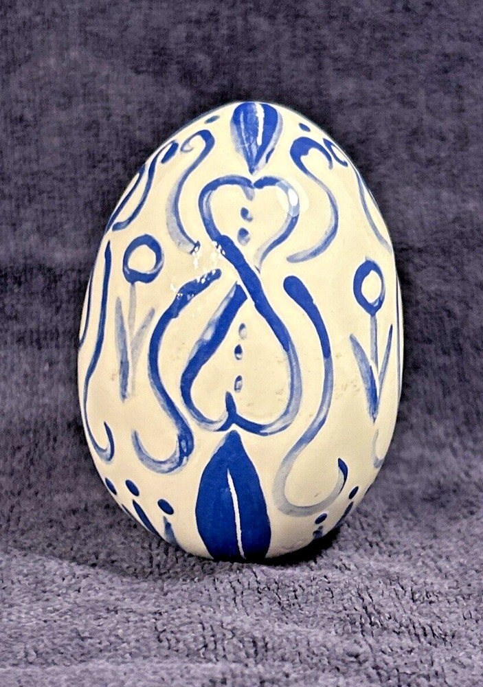 Ceramic Egg Small Folk Art Glazed Blue on White