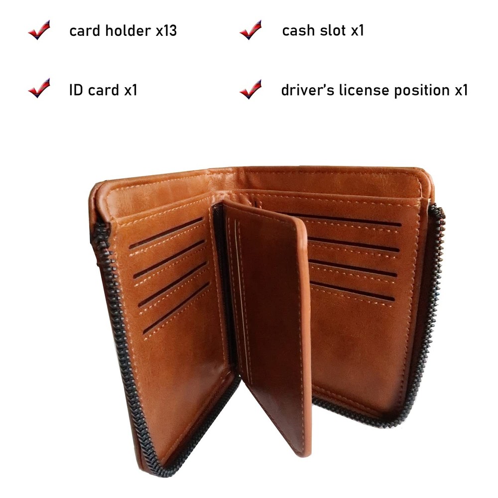 Leather Wallet for Men with zipper, RFID blocking bifold wallets with Separat...