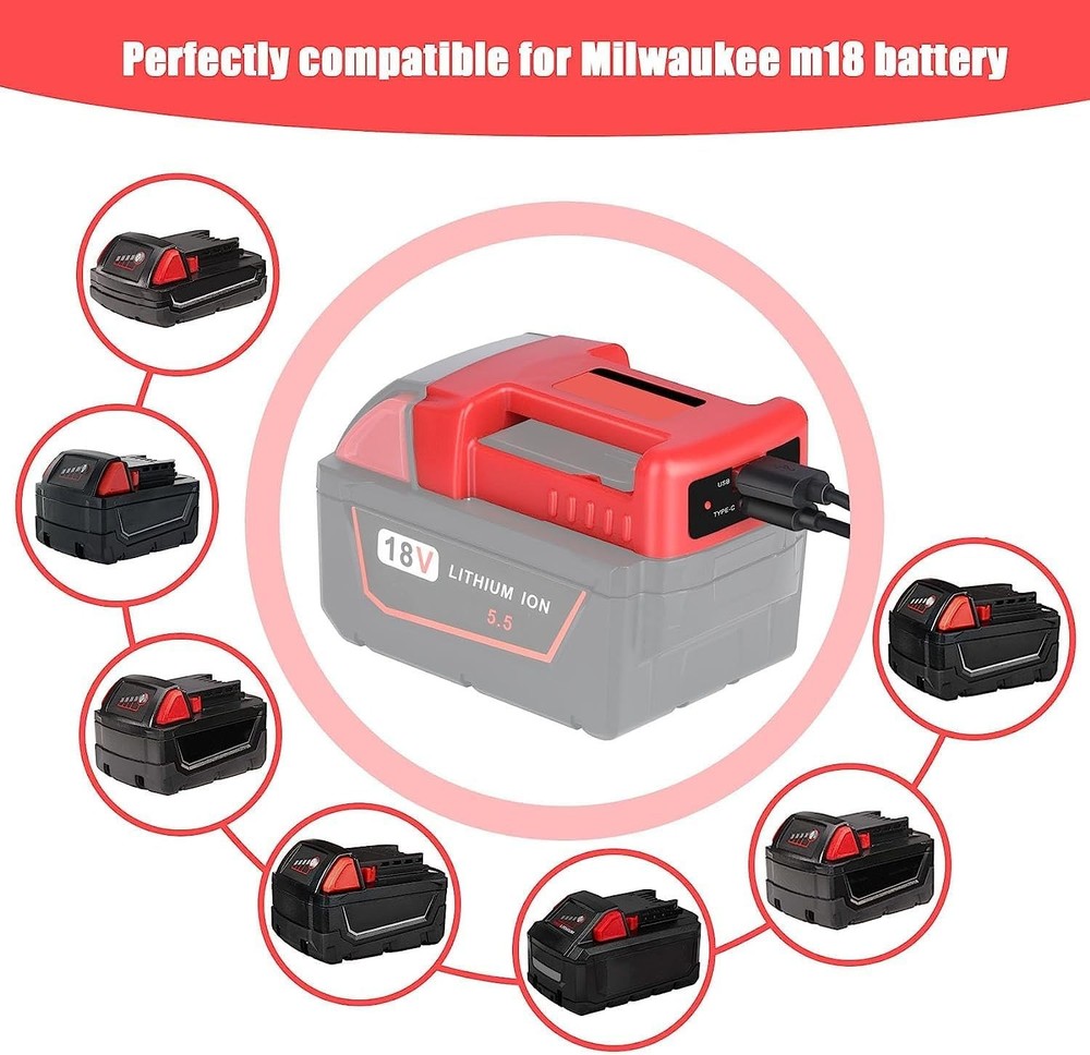 2-Pack USB Charger Adapter for Milwaukee M18 Battery Type-C & USB Adapter only