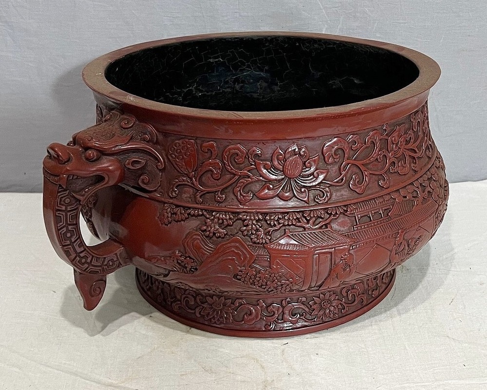 Large Modern Chinese Red Lacquerware Incense Burner With Mark M4010